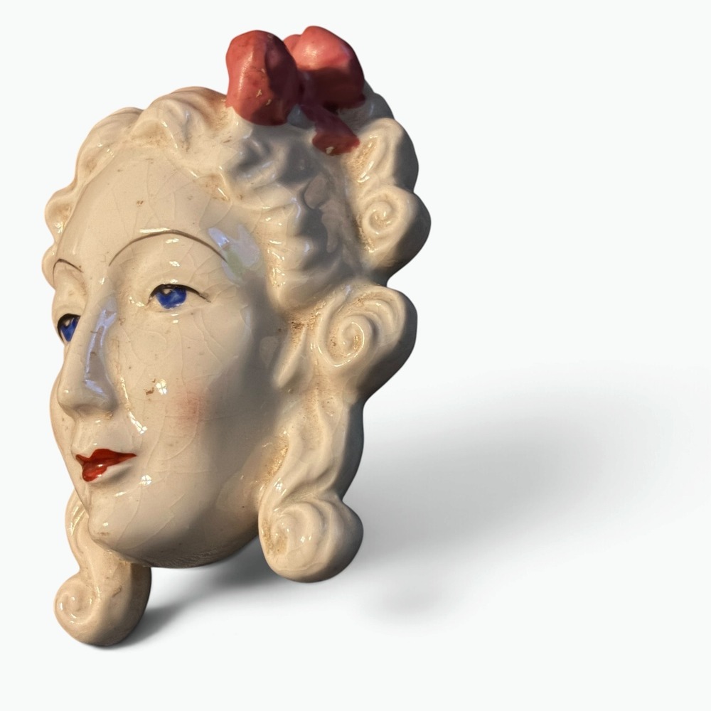 Vintage Ceramic Lady Face Wall Decor Pink Bow Japan Whimsigoth Oddity 3D Art